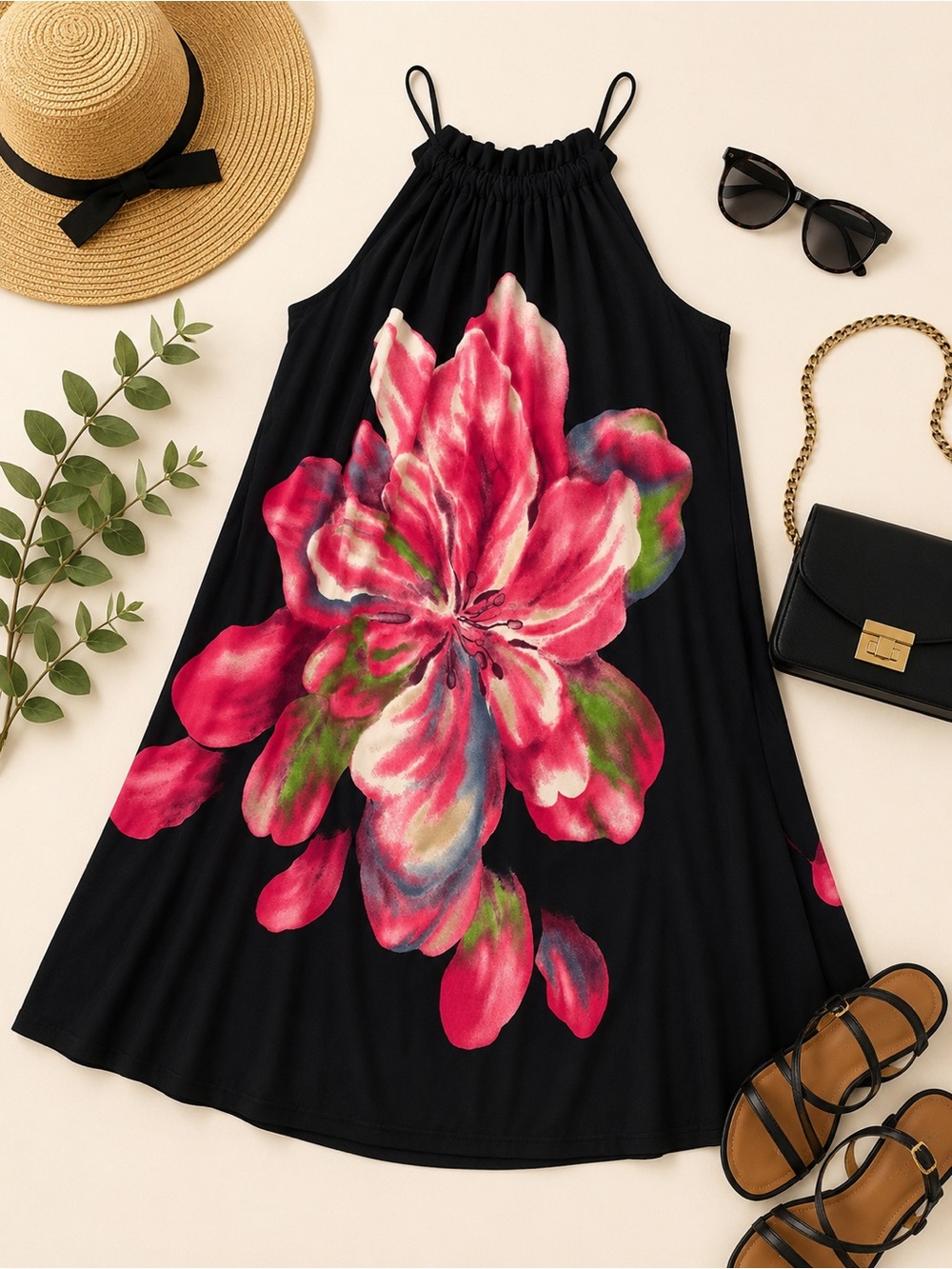 Julian Taylor Black Pink Floral Halter Dress Size 10